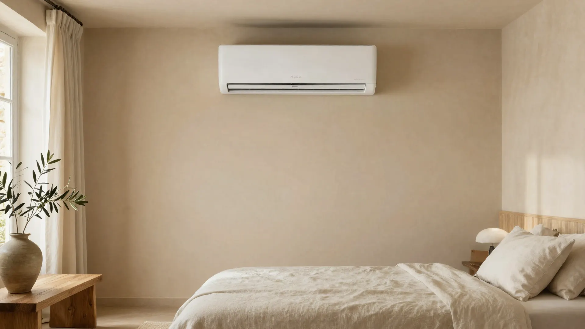 Chambre aux murs couleur sable avec un climatiseur mural blanc au-dessus d'un lit en lin