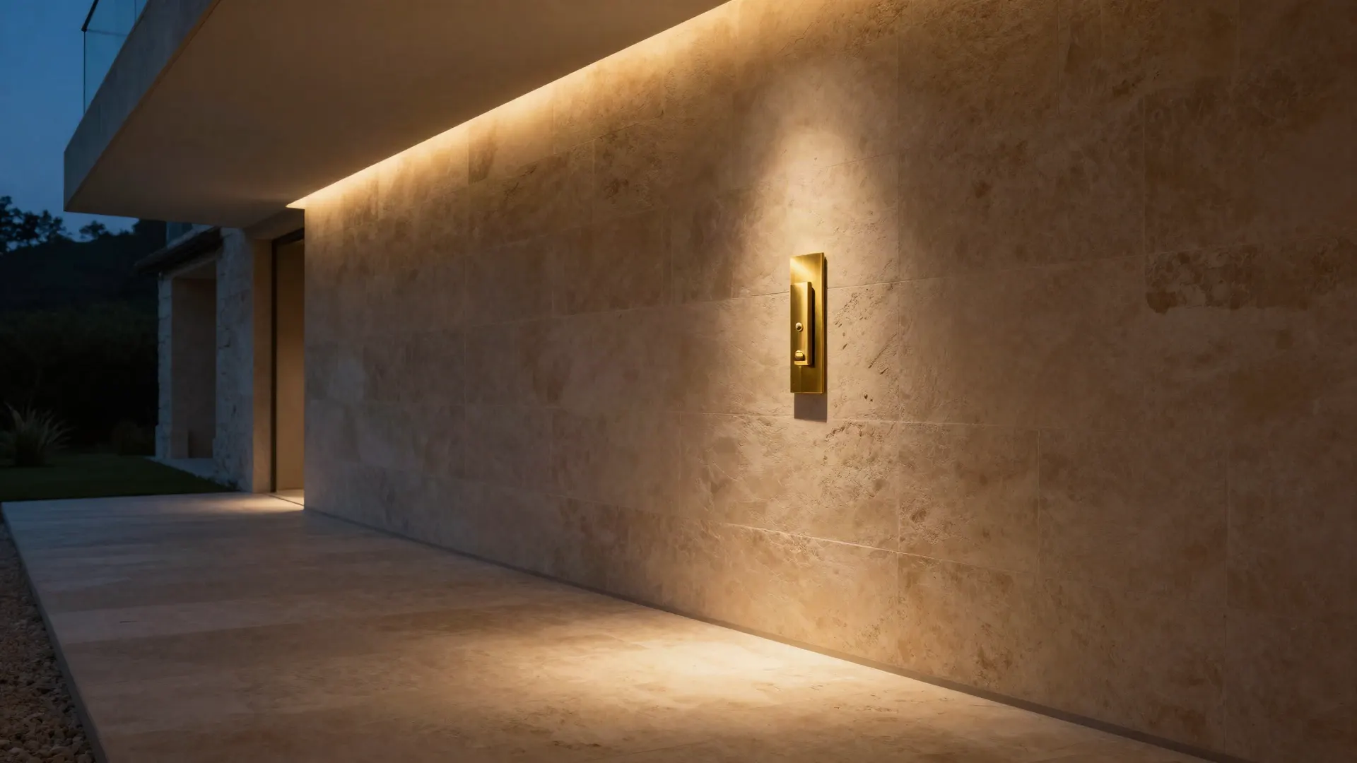 Galerie en pierre éclairée le soir par un bandeau lumineux, avec un interrupteur en laiton