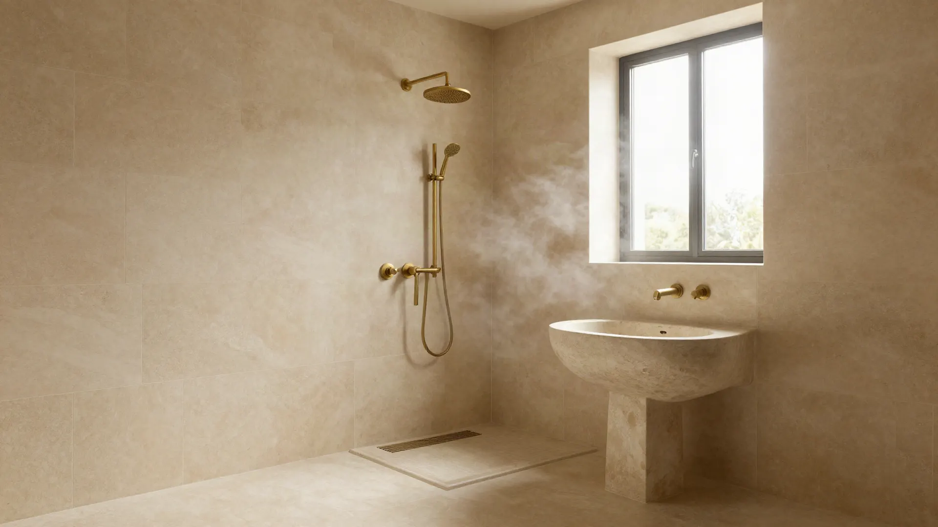 Salle de bain en pierre claire avec une douche à l'italienne en laiton et une vasque en pierre